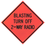 Bridge Work Ahead 36" Marathon™ Roll-up | Blasting Turn Off 2-way Radio 36" Marathon™ Roll-up Sign