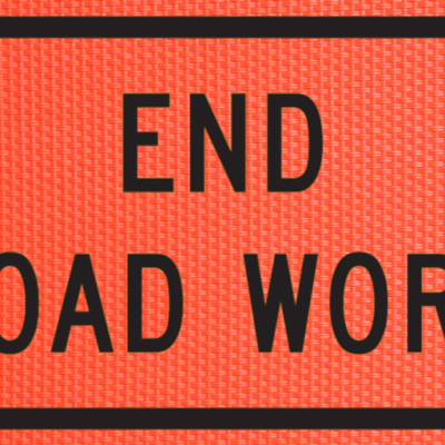 End Road Work orange mesh roll-up traffic sign