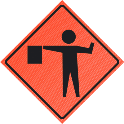 Flagger symbol orange mesh roll-up traffic sign