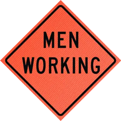 men working roll-up sign