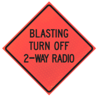 Lane Closed Ahead 48" Marathon™ Roll-up Sign | Blasting Turn Off 2-way Radio 48" Marathon™ Roll-up Sign