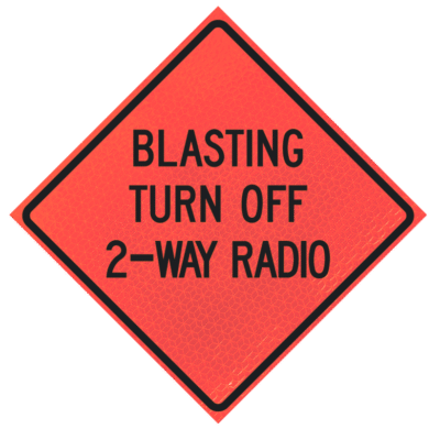 Blasting Turn Off 2-way Radio 48" Marathon™  Roll-up Sign