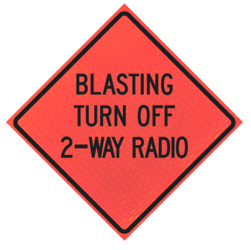 Blasting Turn Off 2-way Radio 48" Marathon™ Roll-up Sign | Blasting Turn Off 2-way Radio 48" Marathon™ Roll-up Sign