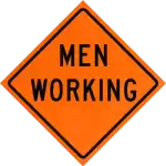 men working roll up sign