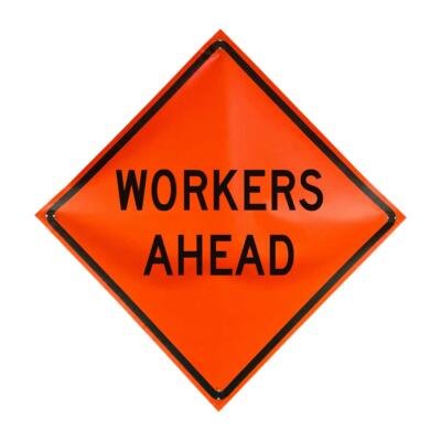 Workers Ahead non-reflective vinyl roll-up traffic sign
